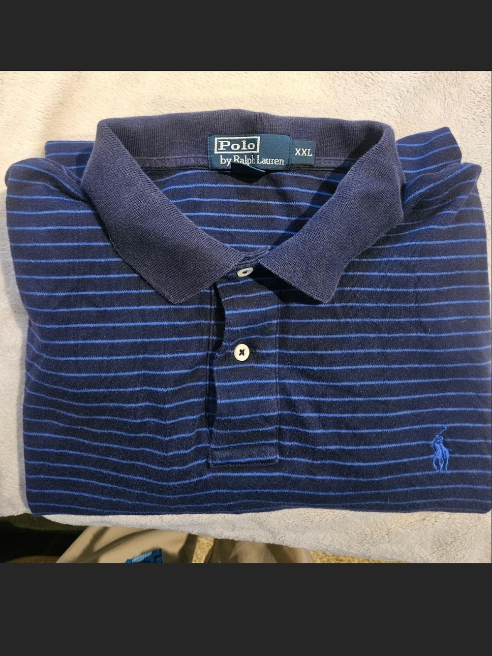 Classic Ralph Lauren Navy Blue Polo with Light Blue Stripes